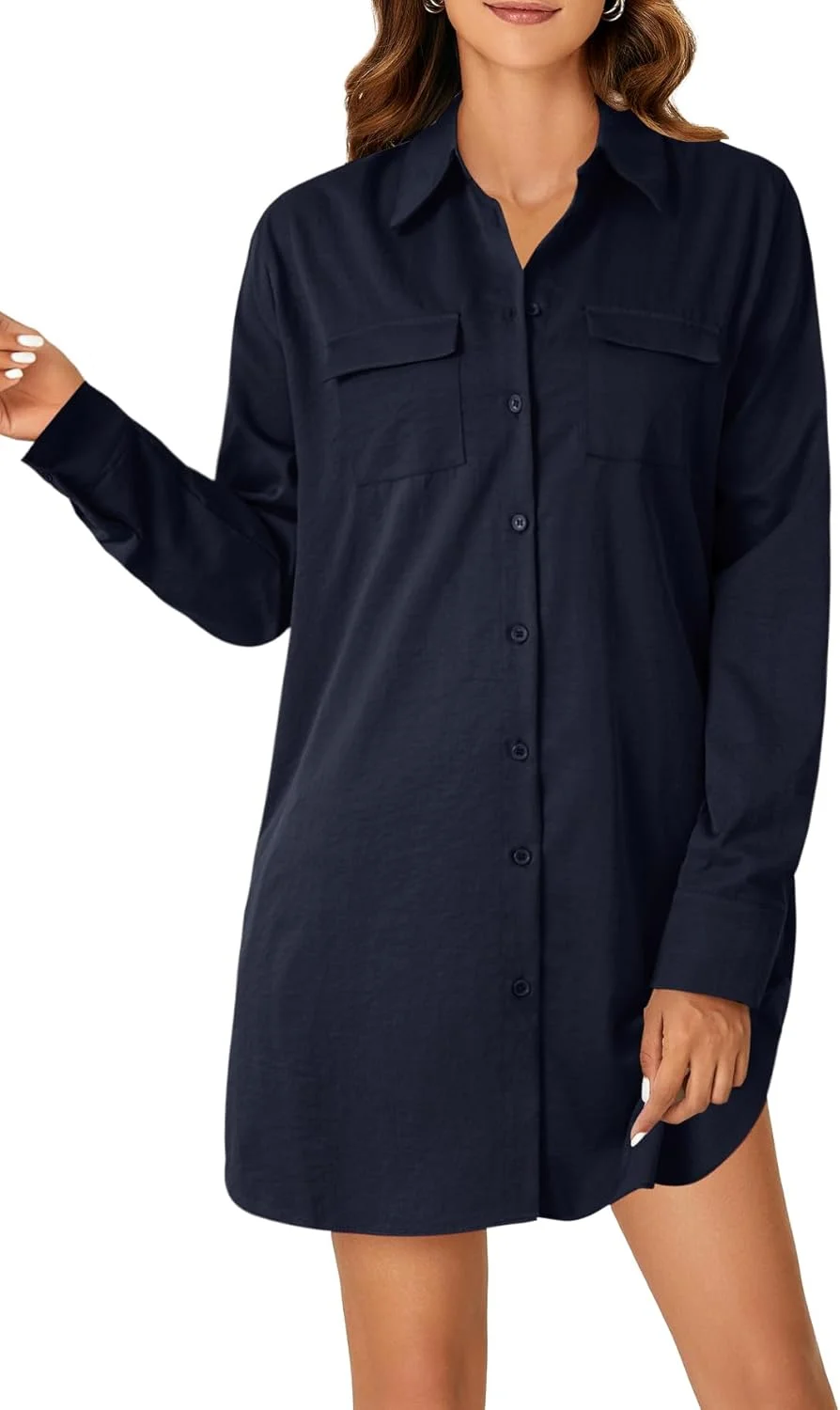 پیراهن دکمه دار زنانه LYANER، پیراهن کوتاه آستین بلند یقه V