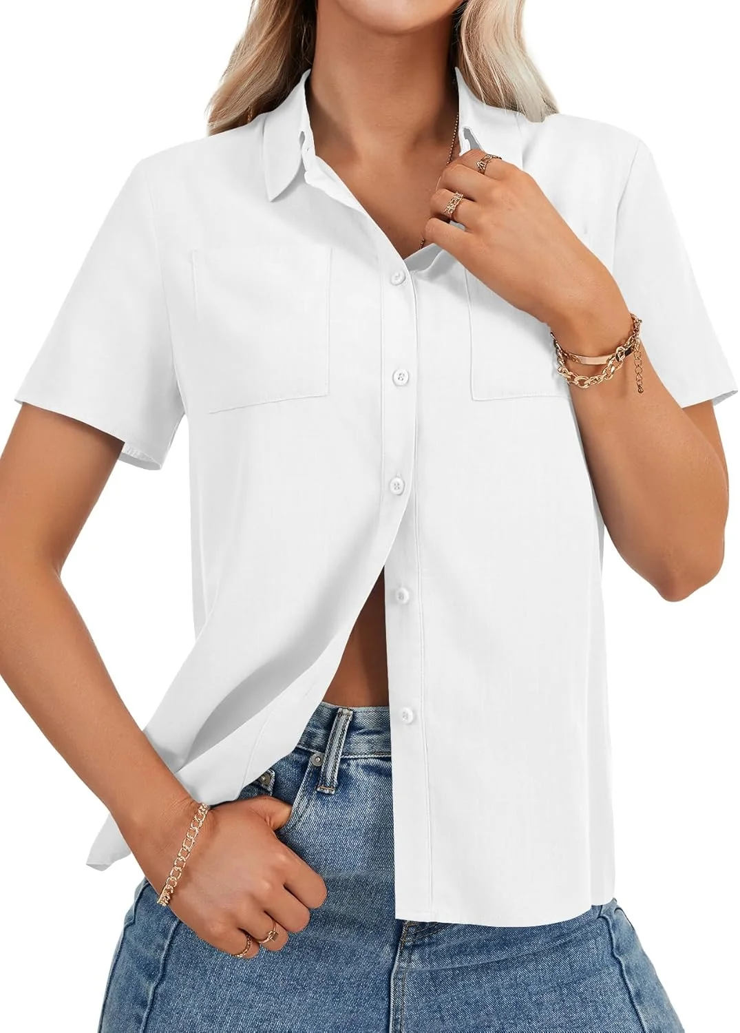 بلوز زنانه LYANER یقه دار آستین کوتاه دکمه دار جیب دار جلو لباس مجلسی غیر رسمی