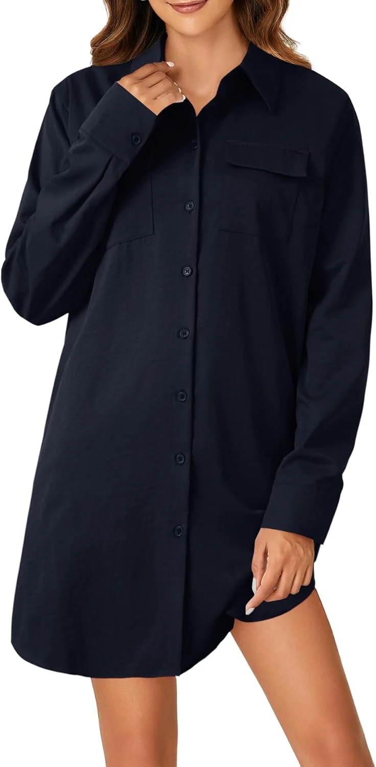 پیراهن دکمه دار زنانه LYANER، پیراهن کوتاه آستین بلند یقه V