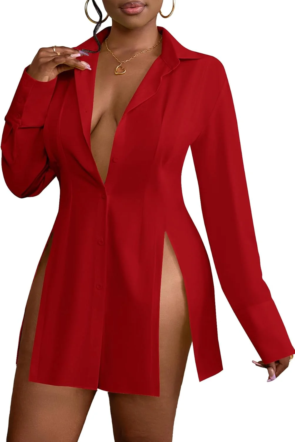 LYANER بلوز زنانه یقه هفت آستین بلند دکمه دار با چاک در لبه پایین