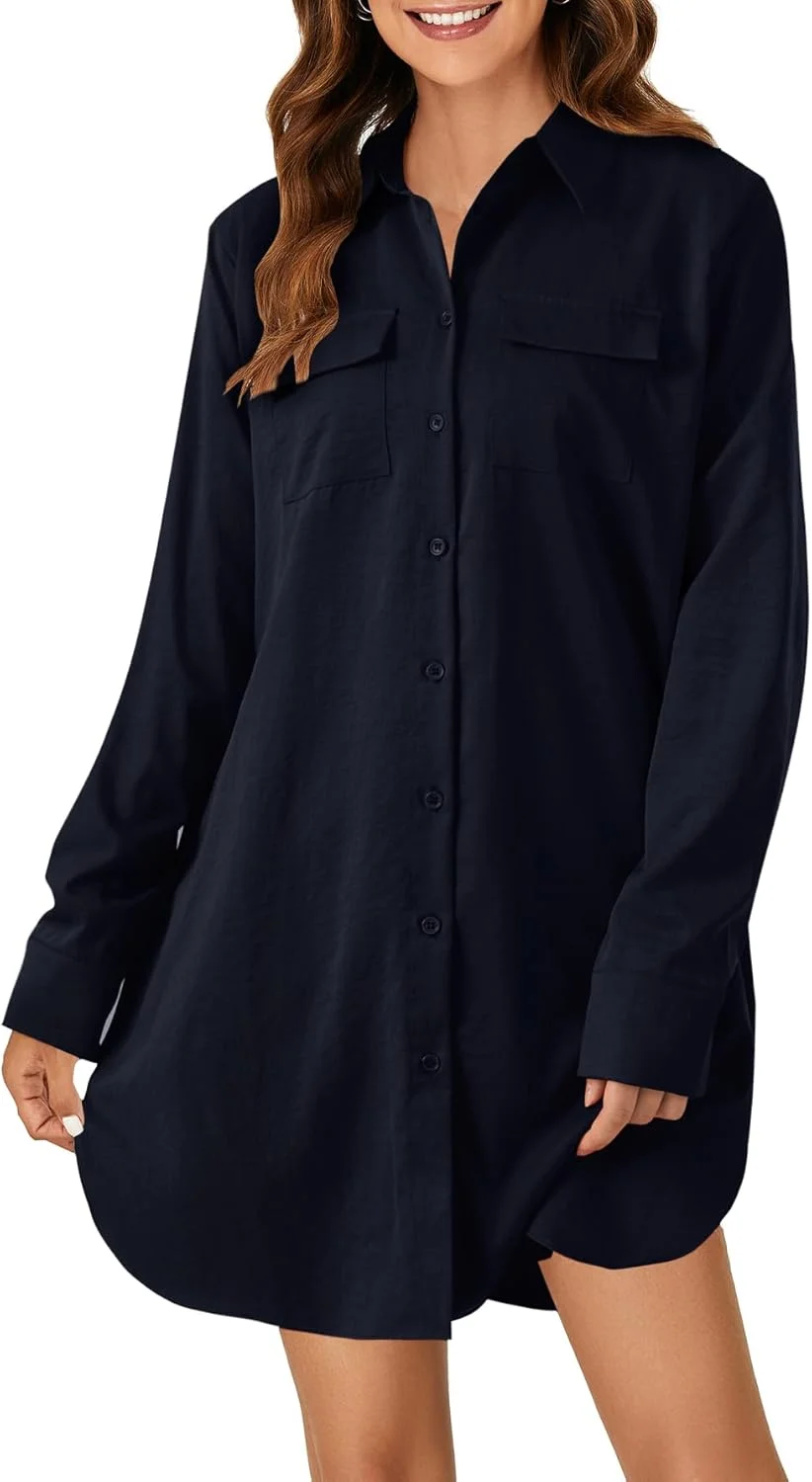 پیراهن دکمه دار زنانه LYANER، پیراهن کوتاه آستین بلند یقه V