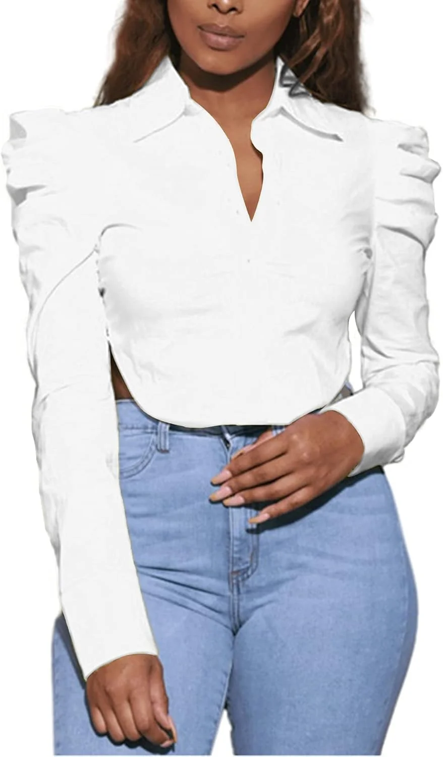 بلوز زنانه LYANER یقه هفت دکمه دار آستین بلند پفی با لبه چاک دار