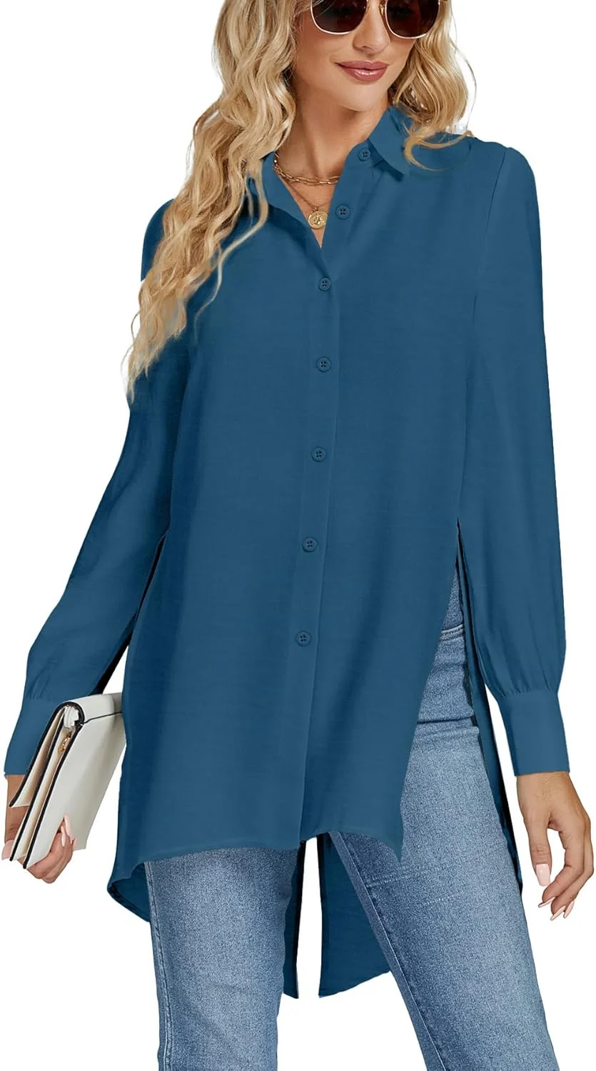 بلوز زنانه LYANER، یقه هفت، دکمه دار، آستین بلند، مدل تونیک