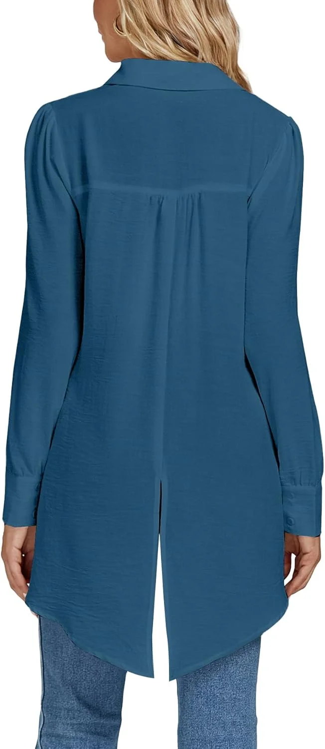 بلوز زنانه LYANER، یقه هفت، دکمه دار، آستین بلند، مدل تونیک