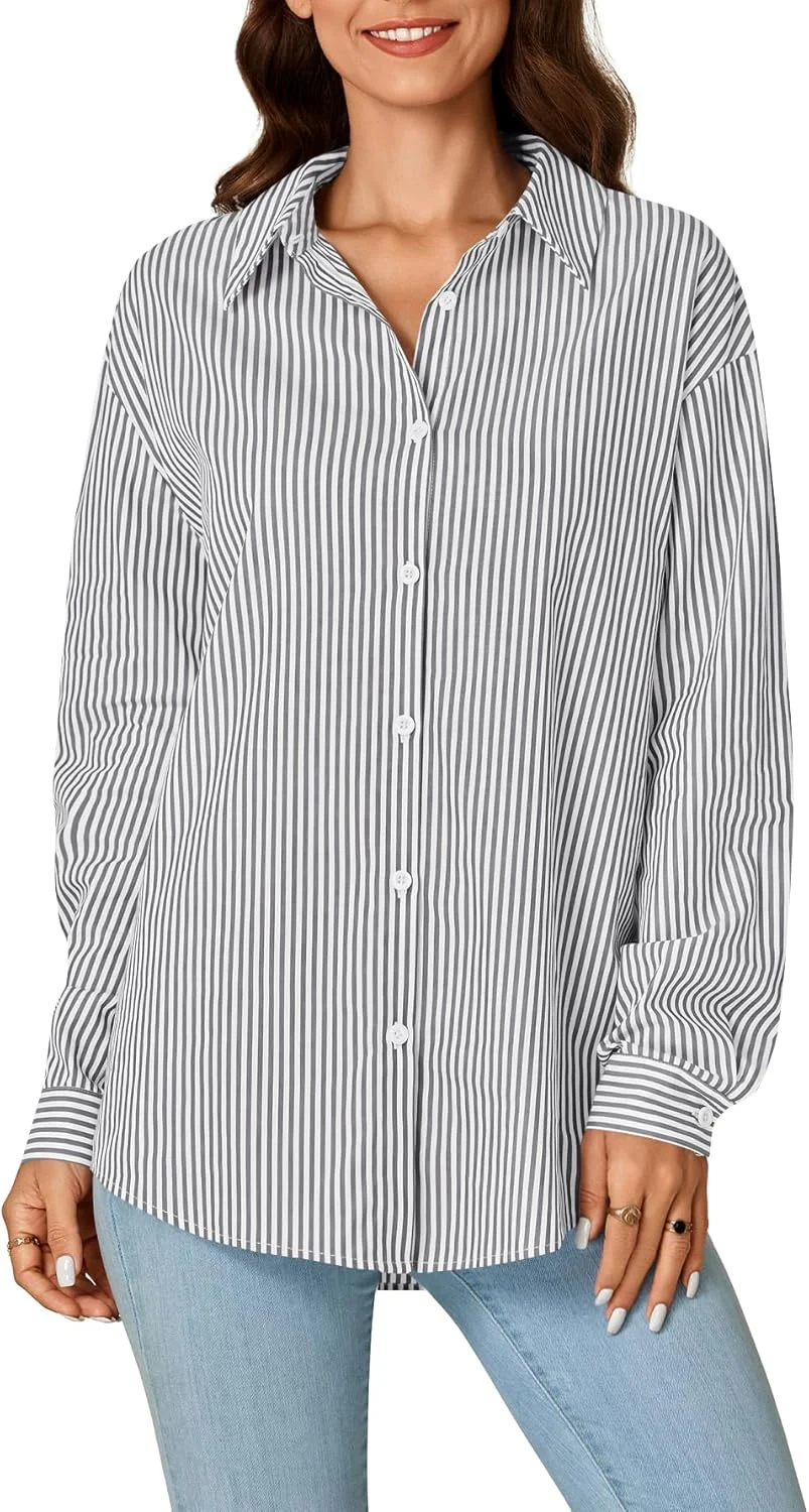 LYANER بلوز زنانه راه راه دکمه دار آستین بلند یقه دار مناسب کار اداری