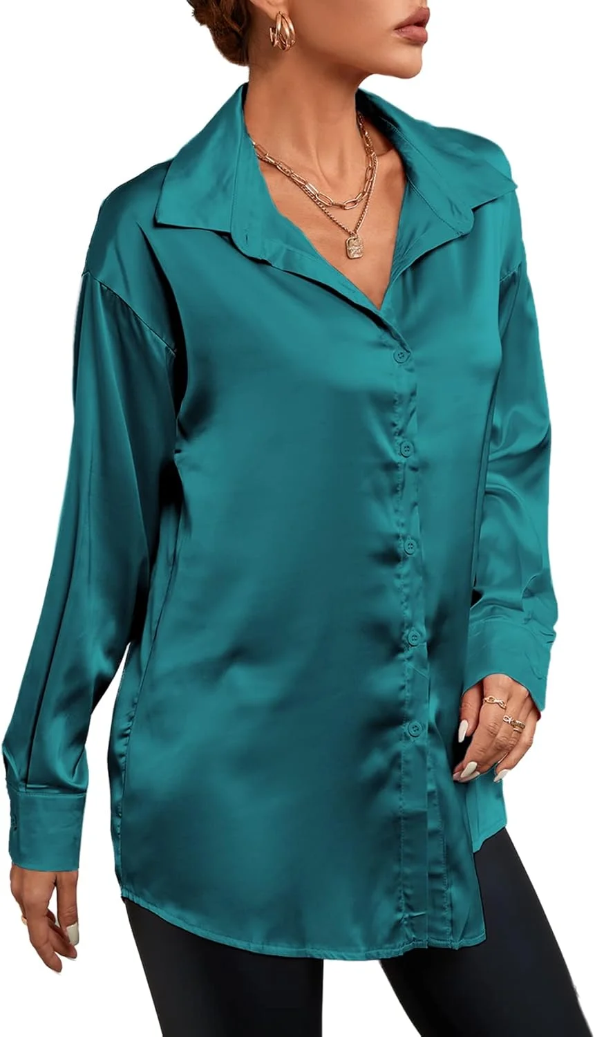 بلوز زنانه LYANER، ساتن ابریشمی، یقه V، دکمه دار، آستین بلند