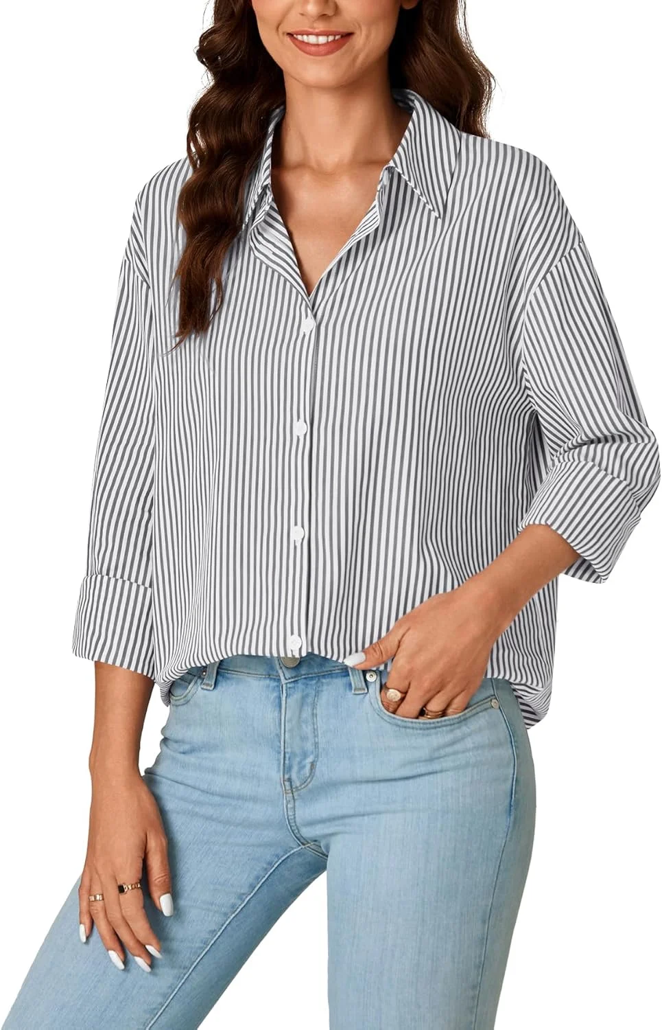 LYANER بلوز زنانه راه راه دکمه دار آستین بلند یقه دار مناسب کار اداری