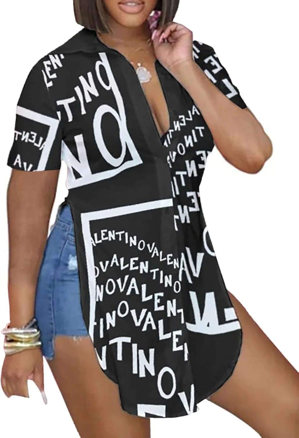 بلوز زنانه LYANER یقه V دکمه دار آستین کوتاه با چاک