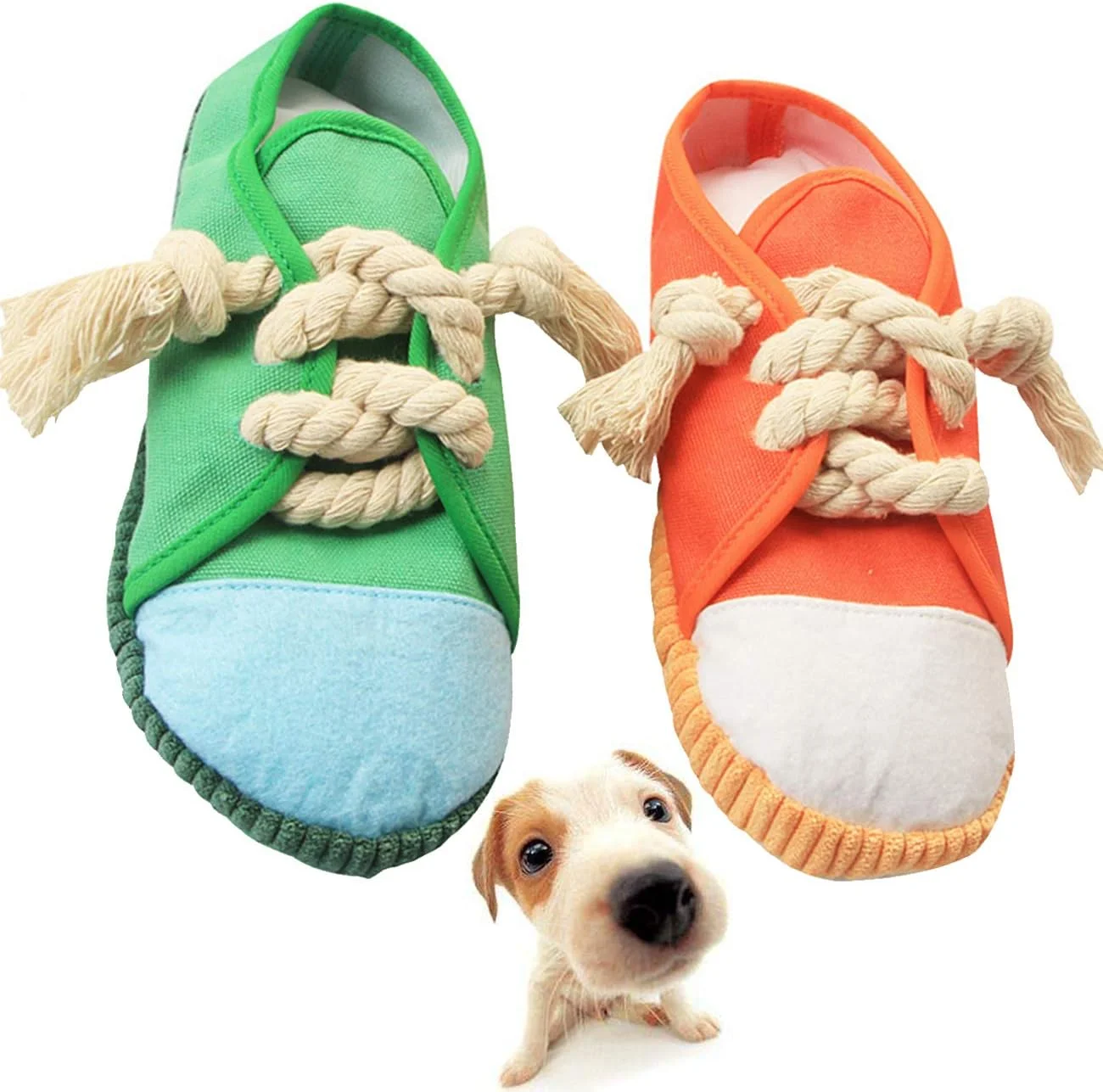 اسباب بازی جویدنی سگ Yueser مدل کفش، 2 عدد اسباب بازی جویدنی سگ با صدای جیر جیر، اسباب بازی خنده دار کفش، لوازم حیوانات خانگی، اسباب بازی گاز گرفتن برای تمیز کردن دندان برای حیوانات خانگی کوچک و متوسط (نارنجی، سبز)