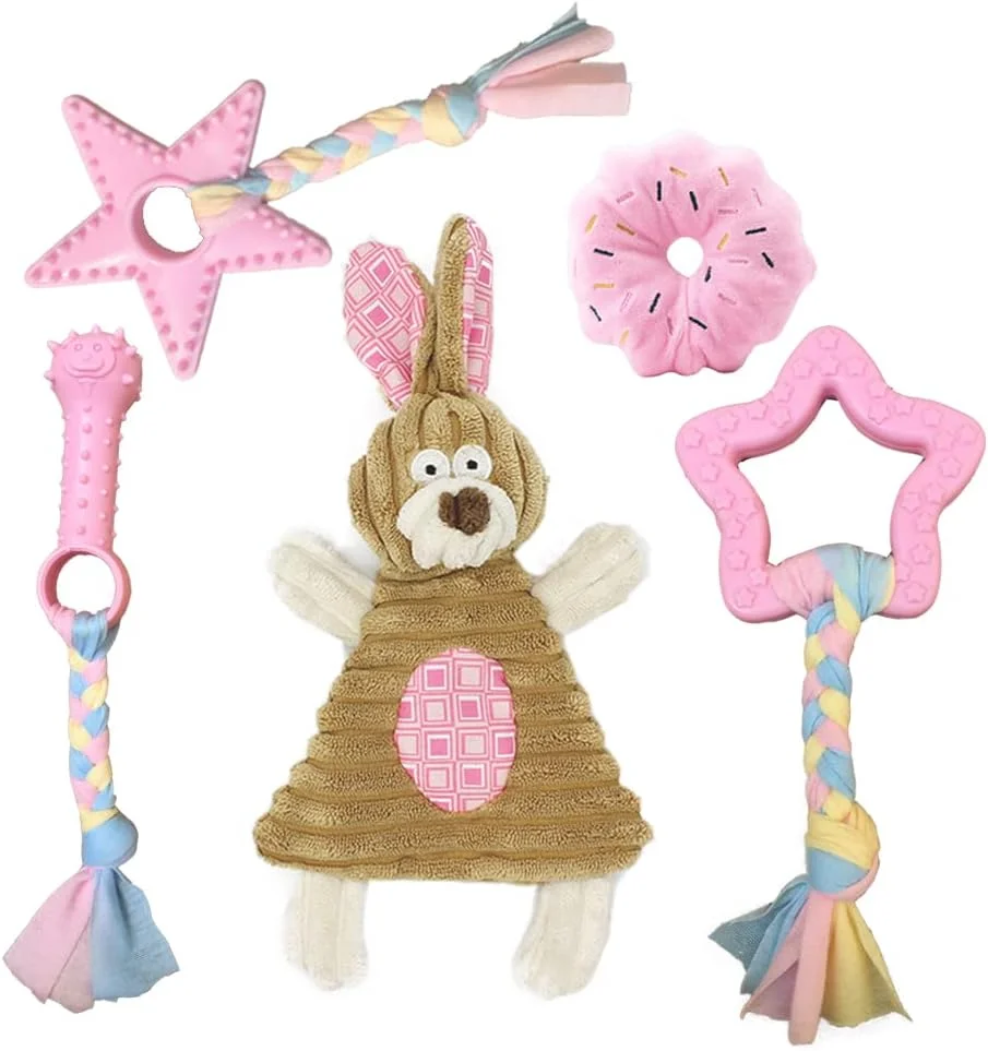 اسباب بازی های سگ ولکاپتس برای دندان درآوردن، اسباب بازی های جویدنی توله سگ برای سگ های کوچک، اسباب بازی های چروک سگ نژاد کوچک برای رفع بی حوصلگی و تحریک، اسباب بازی سگ برای سگ های کوچک، صورتی، بسته 5 عددی