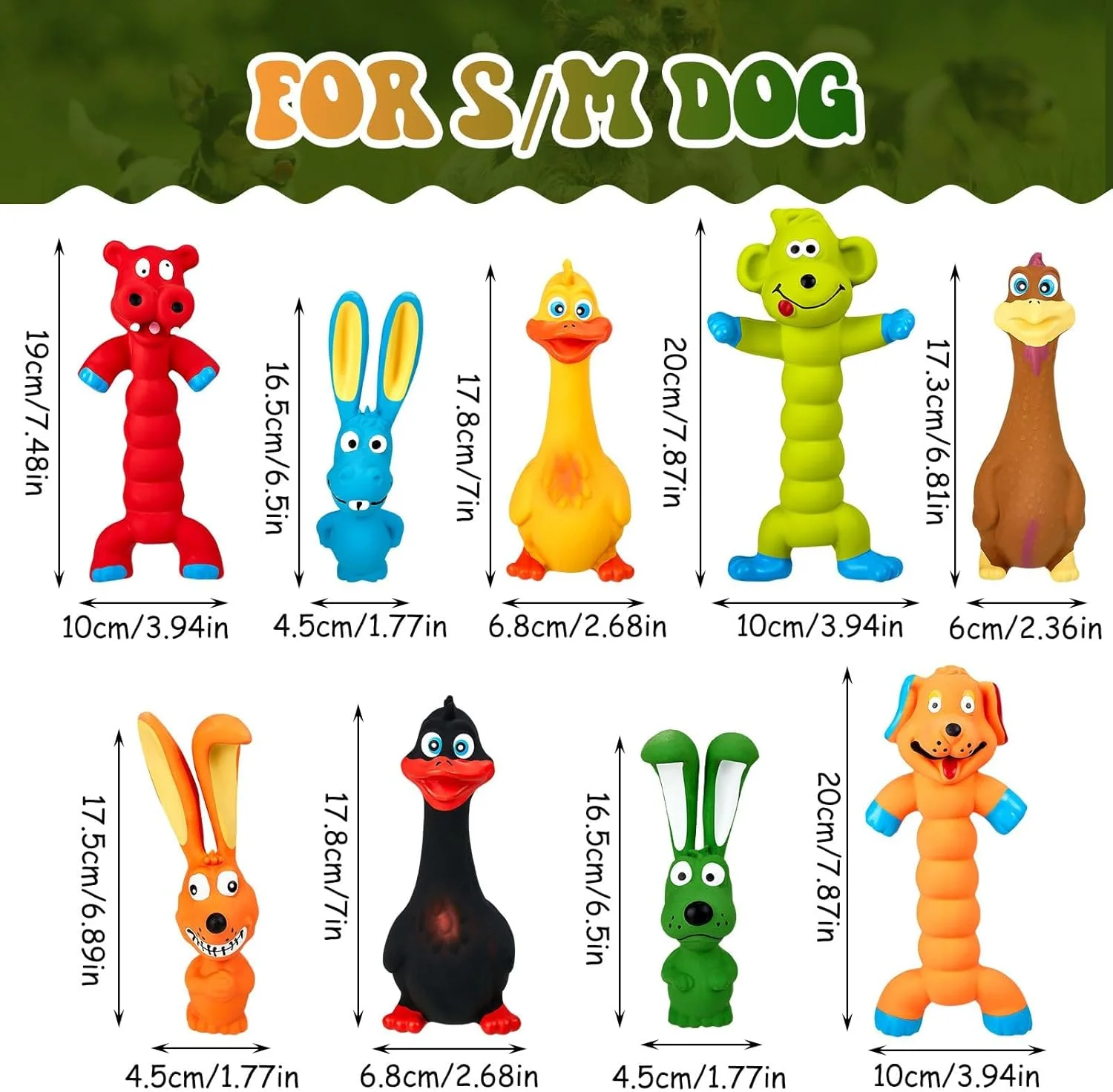 اسباب بازی های سگ لاتکس جیغی 7 اینچی TERRIFI، چوب ایستاده، اسباب بازی جویدنی سگ لاستیکی نرم، اسباب بازی تعاملی توله سگ حیوانی، اسباب بازی های حیوانات خانگی متنوع برای سگ های کوچک، متوسط و بزرگ، رنگ های متنوع (مجموعه 9 عددی)