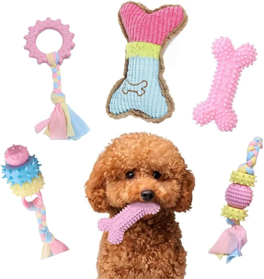 مجموعه اسباب بازی های جویدنی سگ TOMVAES، اسباب بازی های جویدنی توله سگ، اسباب بازی های دندانی توله سگ، مجموعه اسباب بازی های صدادار با توپ و طناب های نخی، تمیز کننده دندان، لاستیک نرم بادوام، اسباب بازی های استخوانی سگ تعاملی (بسته 5 عددی)