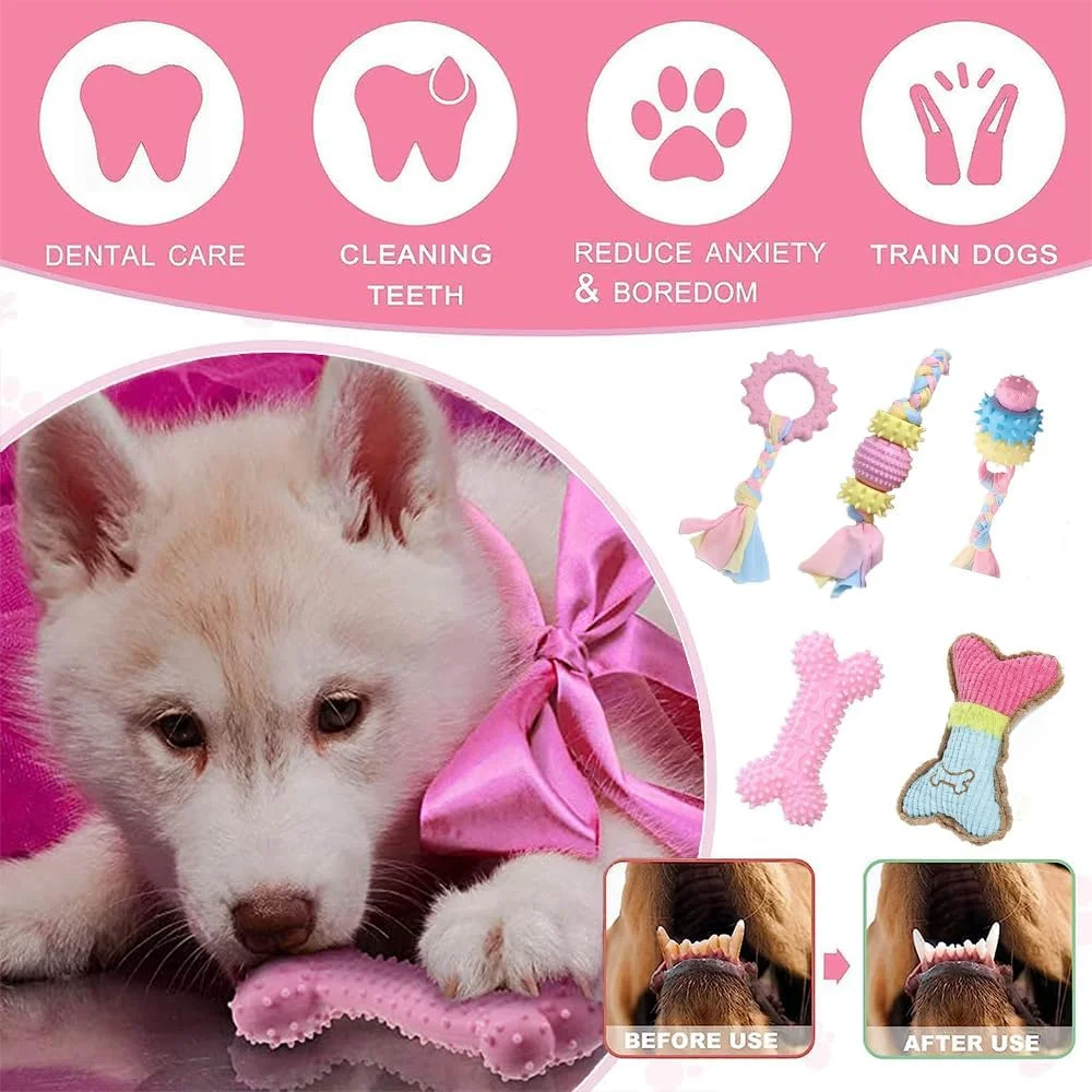 مجموعه اسباب بازی های جویدنی سگ TOMVAES، اسباب بازی های جویدنی توله سگ، اسباب بازی های دندانی توله سگ، مجموعه اسباب بازی های صدادار با توپ و طناب های نخی، تمیز کننده دندان، لاستیک نرم بادوام، اسباب بازی های استخوانی سگ تعاملی (بسته 5 عددی)