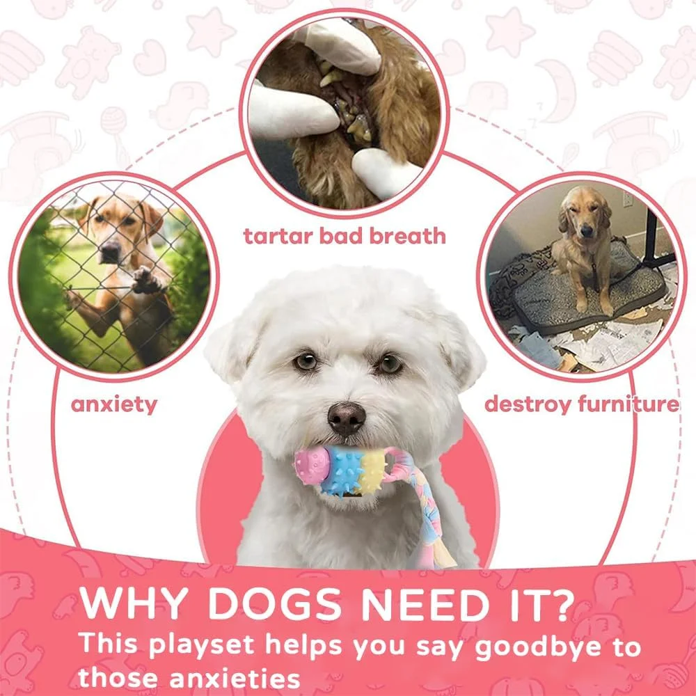 مجموعه اسباب بازی های جویدنی سگ TOMVAES، اسباب بازی های جویدنی توله سگ، اسباب بازی های دندانی توله سگ، مجموعه اسباب بازی های صدادار با توپ و طناب های نخی، تمیز کننده دندان، لاستیک نرم بادوام، اسباب بازی های استخوانی سگ تعاملی (بسته 5 عددی)