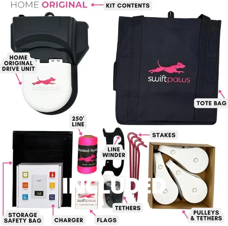Swift Paws - Home Original - اسباب بازی تعقیب و گریز کنترل شده با اپلیکیشن - برای سگ ها - مسیر طعمه پرچم دار - اسباب بازی غنی سازی تعاملی سگ - شامل واحد اصلی، 3 قرقره، باتری، شارژر، پرچم ها، خط، میخ ها، طناب
