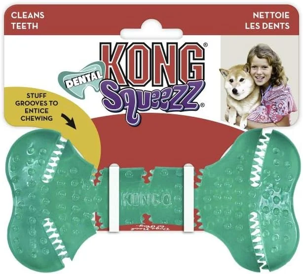 استخوان دندانی KONG Squeezz | بافت انعطاف پذیر منحصر به فرد، اسباب بازی سگ برای تمیز کردن دندان و لثه | برای سگ های متوسط/بزرگ
