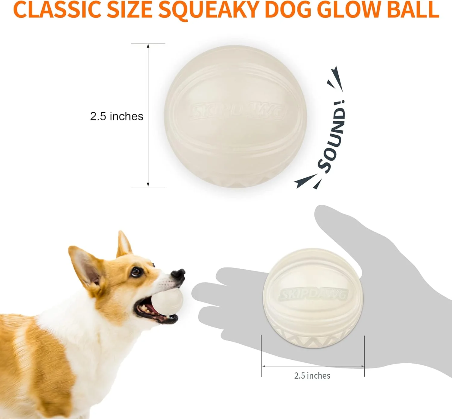 توپ سوت‌دار شب‌تاب سگ SKIPDAWG، توپ درخشان سگ در تاریکی، اسباب‌بازی‌های تعاملی برای ورزش سگ در داخل/خارج از خانه، توپ بازی بادوام TPR برای سگ
