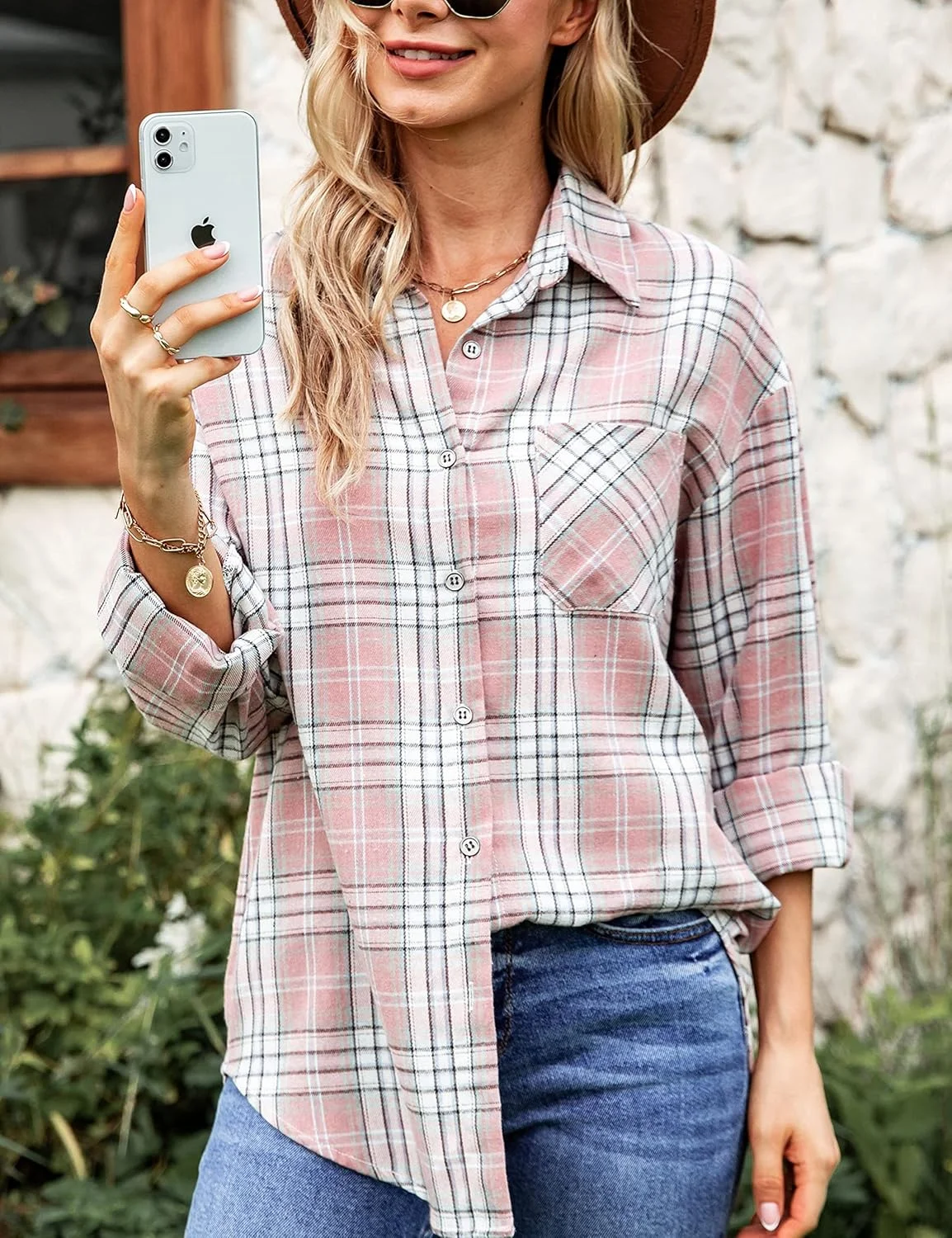 پیراهن فلانل زنانه Lumister، آستین بلند، طرح چهارخانه، دکمه دار، مدل بوفالو، بلوز با یک جیب