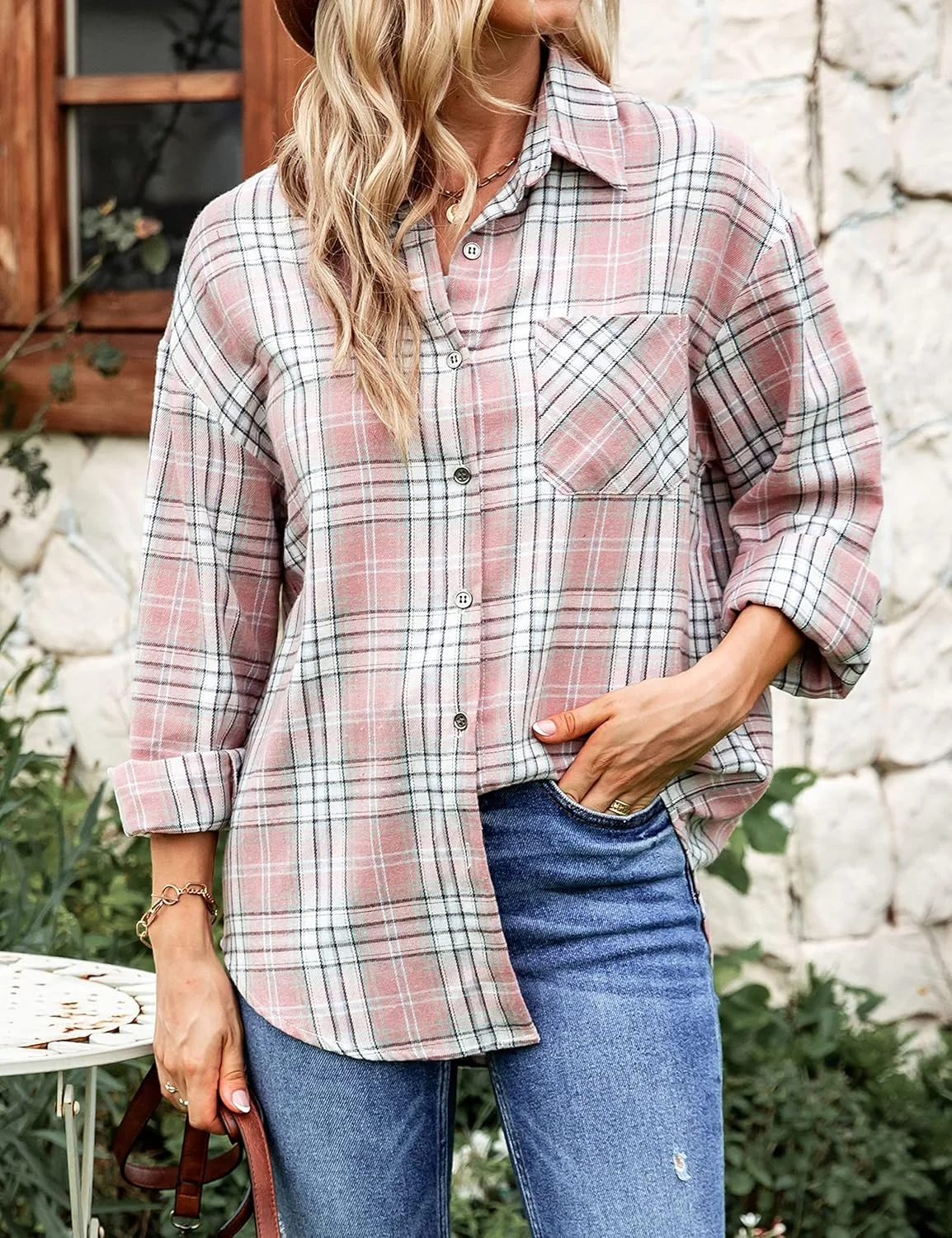 پیراهن فلانل زنانه Lumister، آستین بلند، طرح چهارخانه، دکمه دار، مدل بوفالو، بلوز با یک جیب