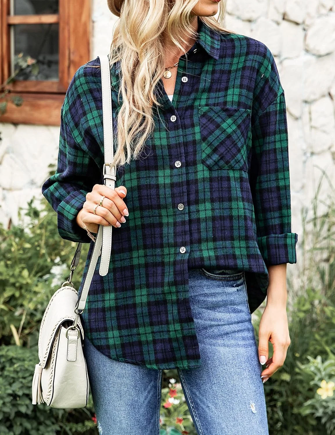 پیراهن فلانل زنانه Lumister، آستین بلند، طرح چهارخانه، دکمه دار، مدل بوفالو، بلوز با یک جیب