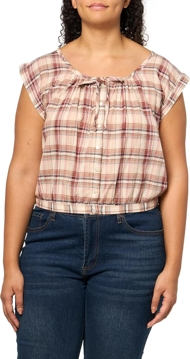 بلوز زنانه بدون آستین دکمه دار Lucky Brand، طرح چهارخانه قرمز، سایز بزرگ