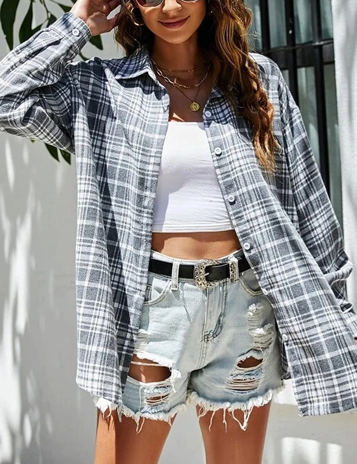 پیراهن فلانل چهارخانه زنانه Lumister، آستین بلند، سرشانه افتاده، یقه برگردان، دکمه دار، مدل بلوز و تاپ های گشاد