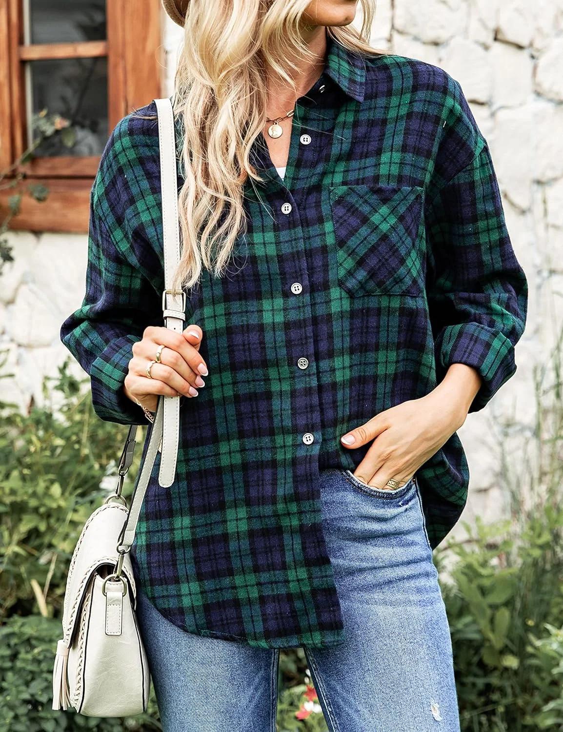 پیراهن فلانل زنانه Lumister، آستین بلند، طرح چهارخانه، دکمه دار، مدل بوفالو، بلوز با یک جیب