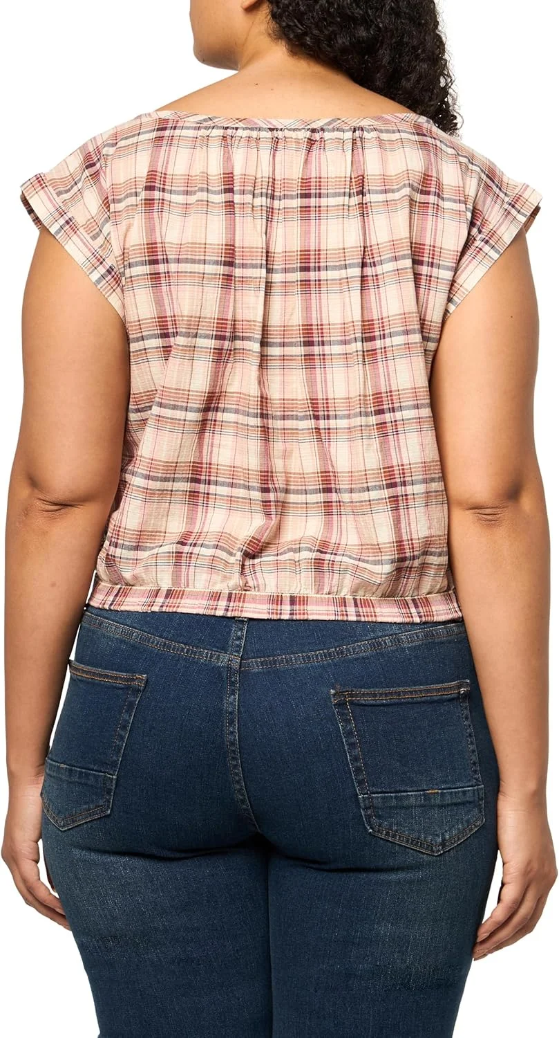 بلوز زنانه بدون آستین دکمه دار Lucky Brand، طرح چهارخانه قرمز، سایز بزرگ
