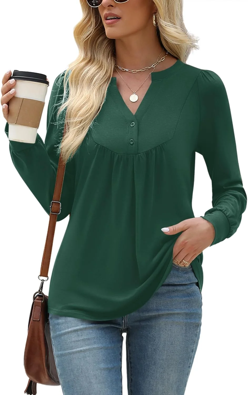 LOMON تیشرت آستین بلند زنانه یقه هفت دکمه دار، تاپ های پلیسه دار، تونیک بهاره مدل 2025 سایز S-XXL