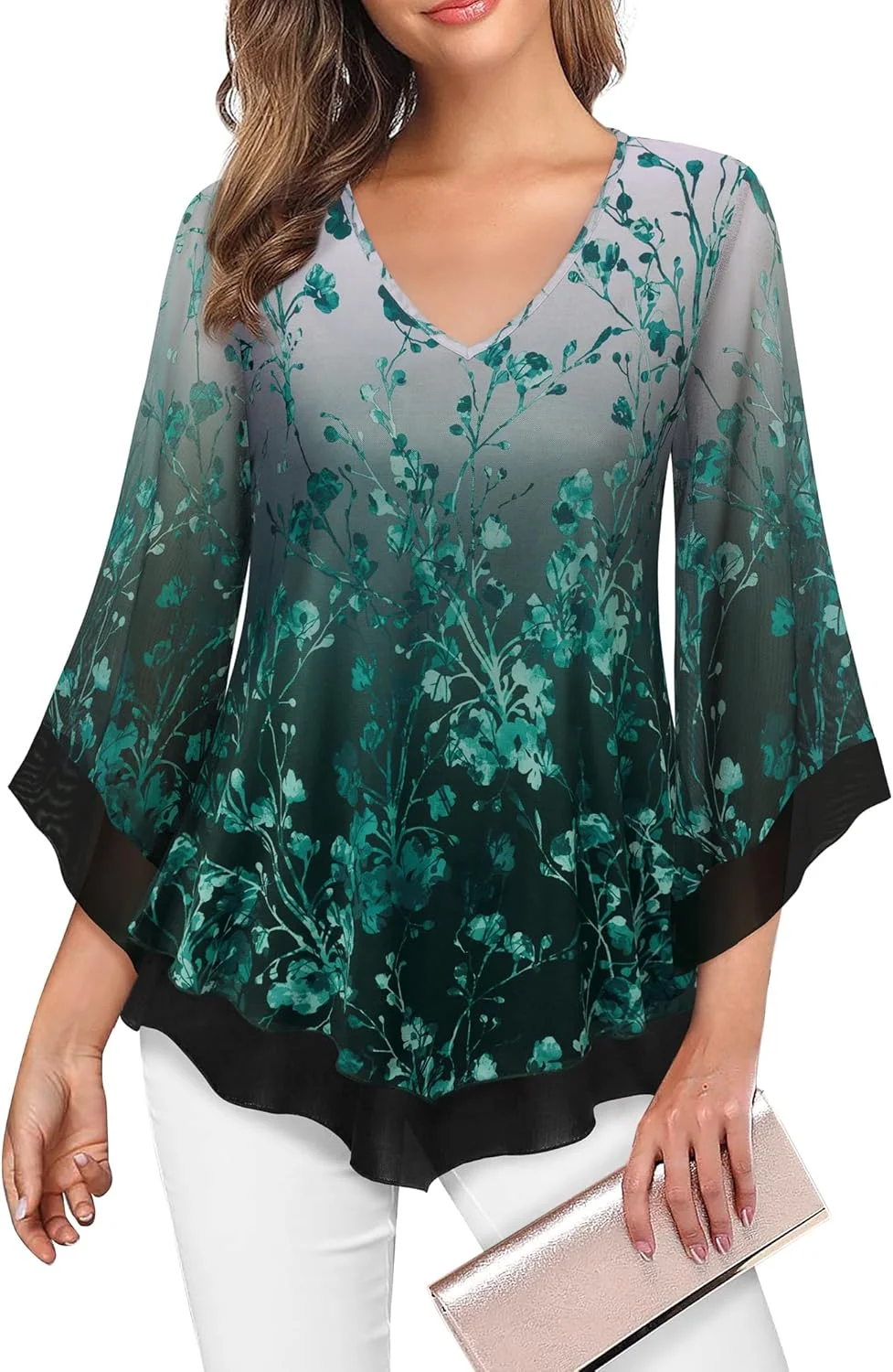 بلوز زنانه لوتوسمایل، طرح دو لایه توری با آستین های سه ربع مدل ناقوسی