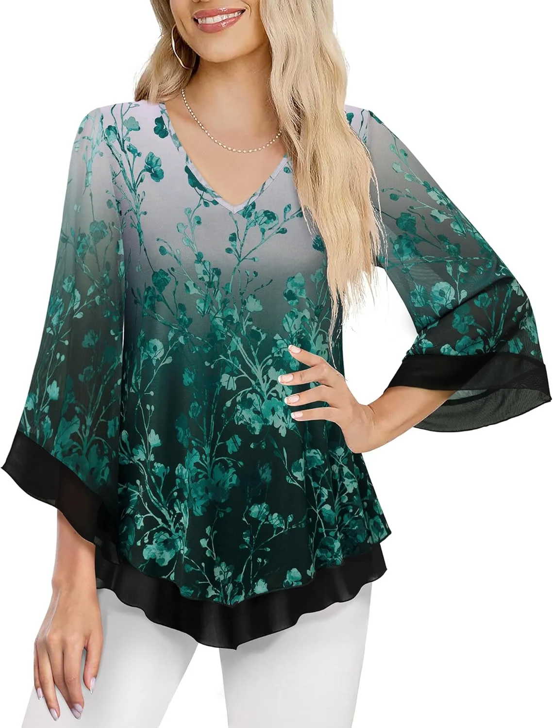 بلوز زنانه لوتوسمایل، طرح دو لایه توری با آستین های سه ربع مدل ناقوسی