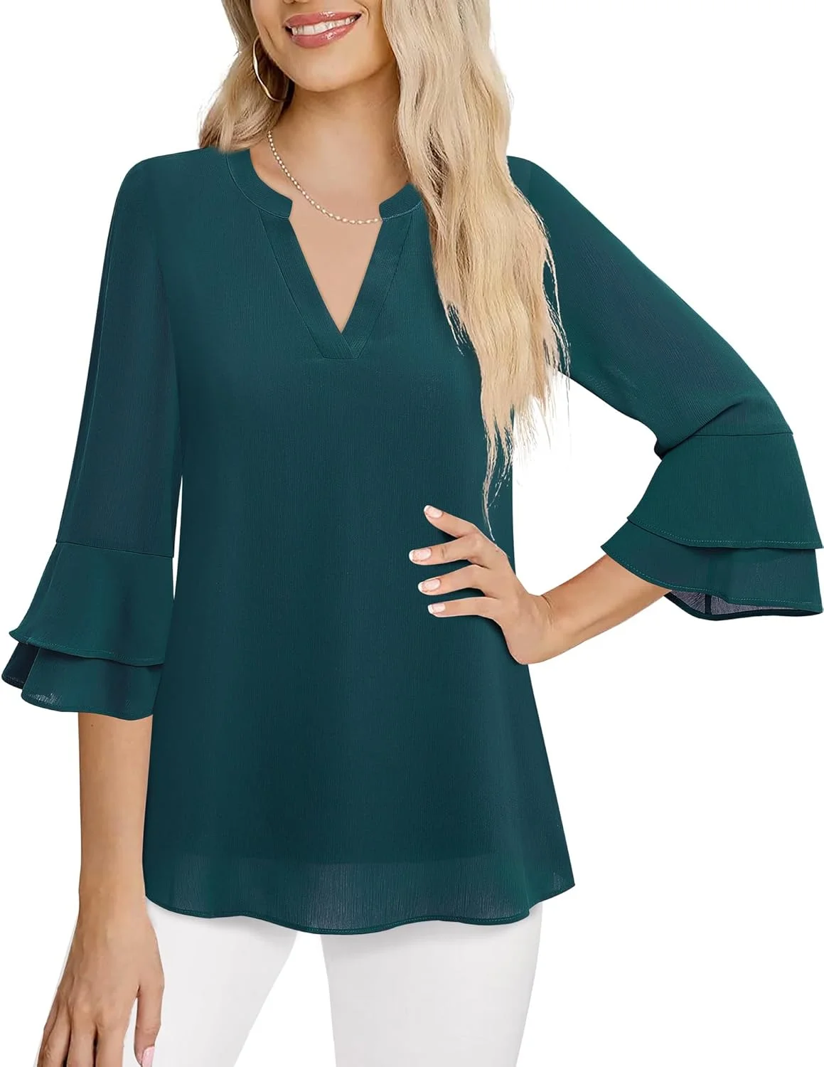 بلوز زنانه لوتوسمایل، آستین سه ربع زنگوله‌ای، لایه‌دار، مناسب کار، جنس شیفون