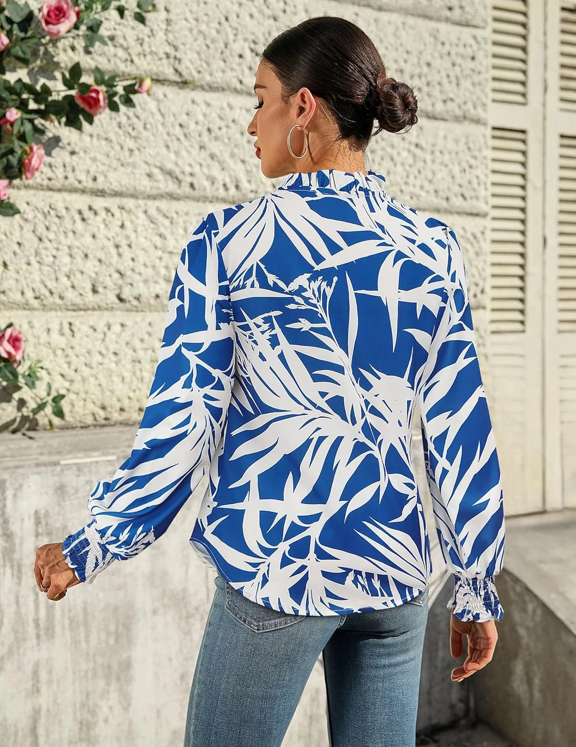 LOOKBOHO بلوز زنانه، پیراهن دکمه دار غیر رسمی، یقه هفت، آستین بلند، طرح چاپی مد روز بوهمی
