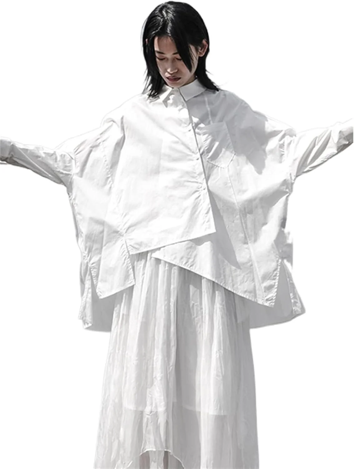 LKHGVFG بلوز و شومیز زنانه یقه پولو آستین بلند سفید گشاد بزرگ پیراهن گشاد نامنظم پیراهن زنانه