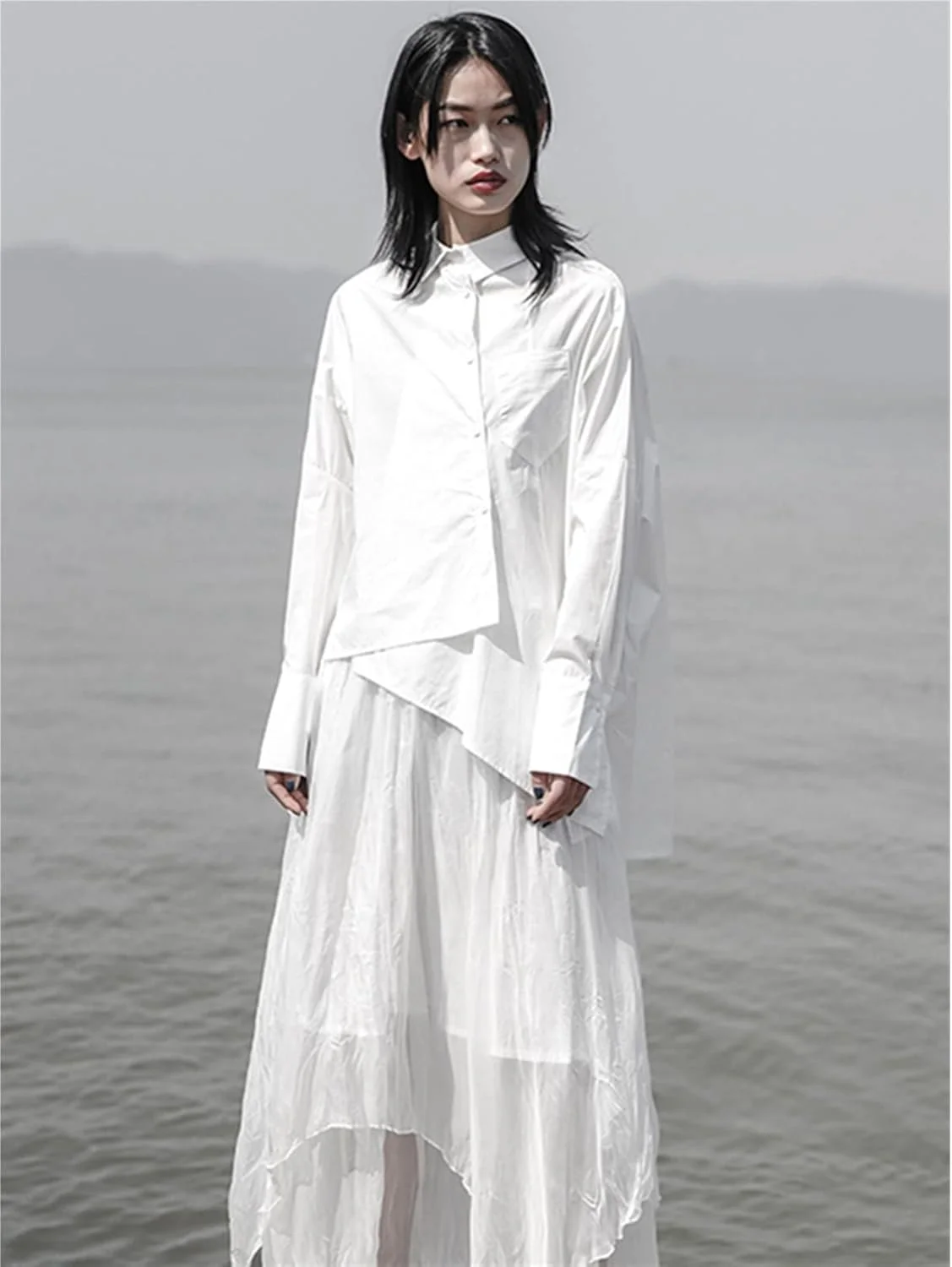 LKHGVFG بلوز و شومیز زنانه یقه پولو آستین بلند سفید گشاد بزرگ پیراهن گشاد نامنظم پیراهن زنانه