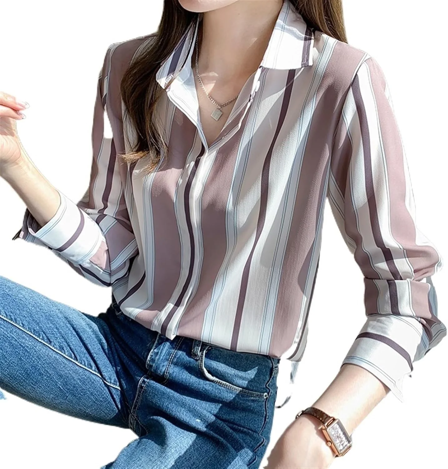 LKHGVFG بلوز و شومیز زنانه، پیراهن راه راه آستین بلند، پیراهن دکمه دار زنانه، پیراهن زنانه