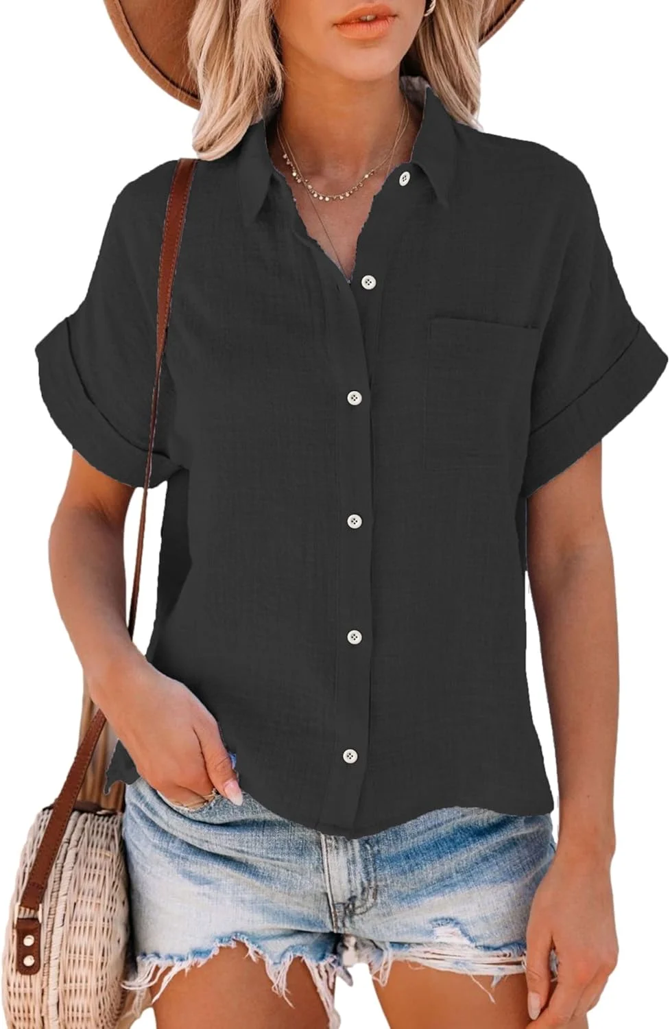 Lingjiazi پیراهن زنانه آستین کوتاه دکمه دار یقه هفت، بلوز ساده تابستانی