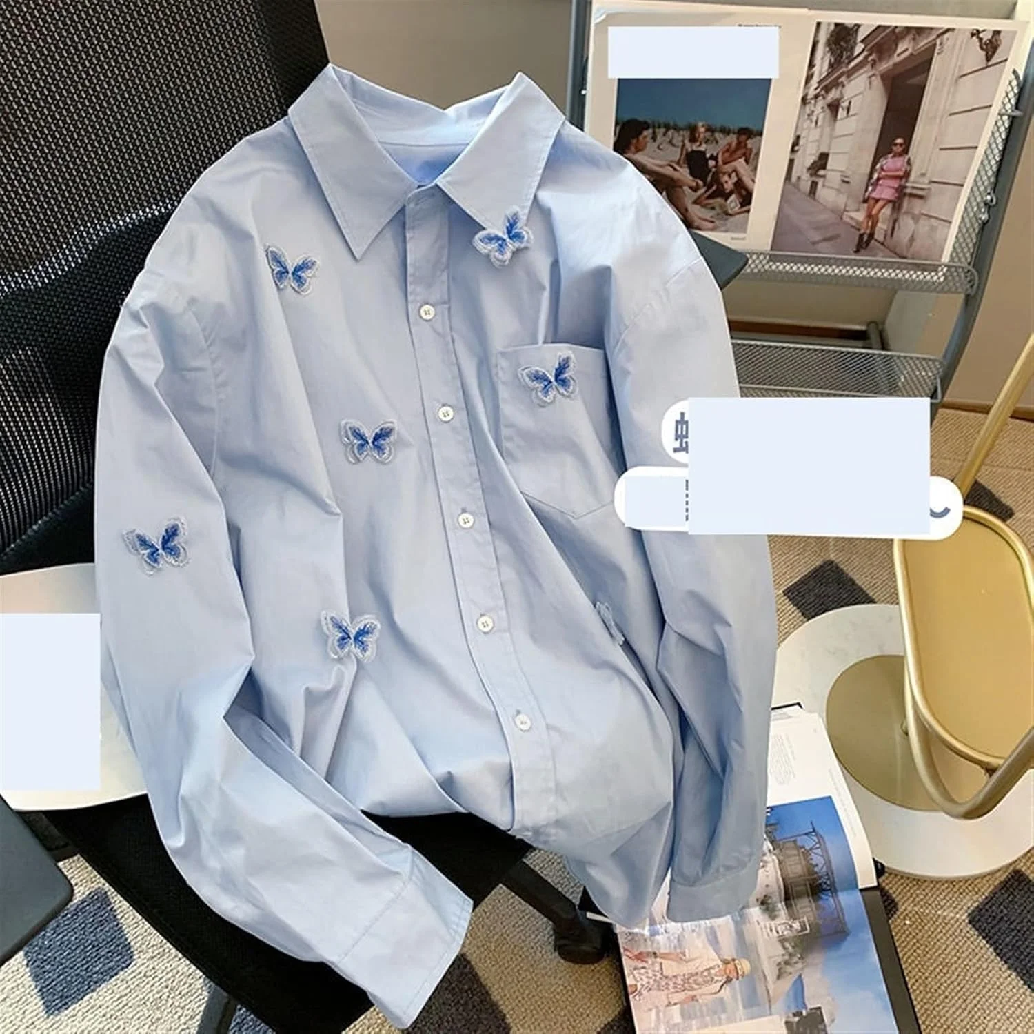 LKHGVFG بلوز و شومیز زنانه، پیراهن گلدوزی شده طرح پروانه آبی زنانه، پیراهن آستین بلند یقه دار زنانه