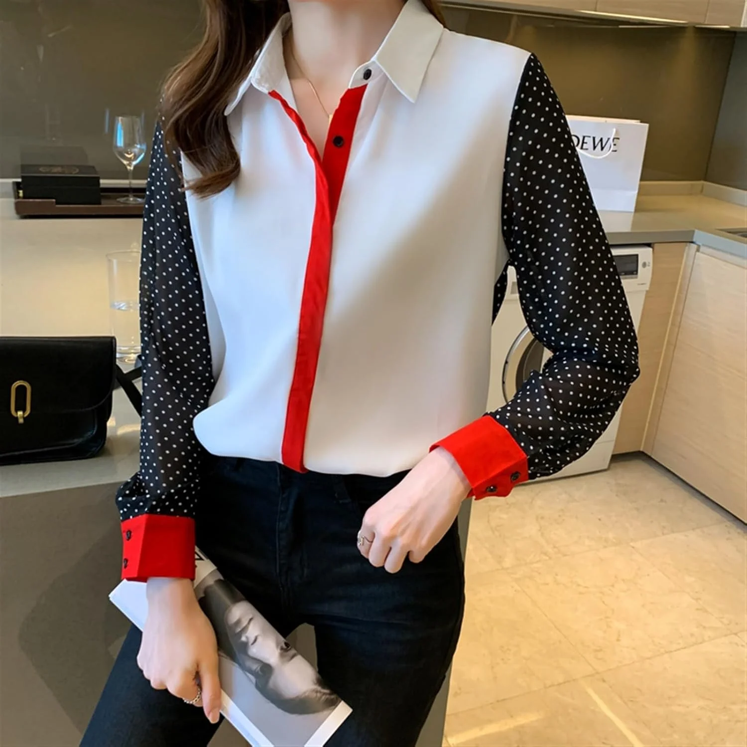 LKHGVFG Women's Blouses & Button-Down Shirts Printed Women's Shirt Chiffon Shirt Spring And Autumn Long Sleeve Shirt Top Women