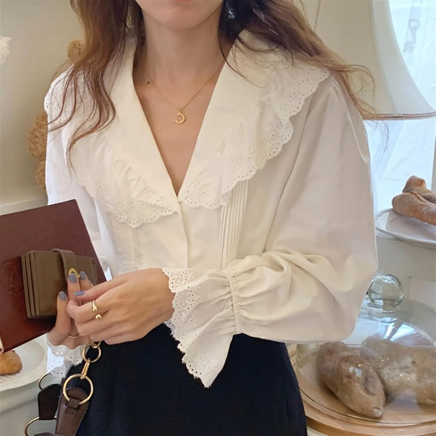 LKHGVFG بلوز و شومیز زنانه، یقه هفت، پیراهن شیرین، آستین گشاد، زنانه و شیک