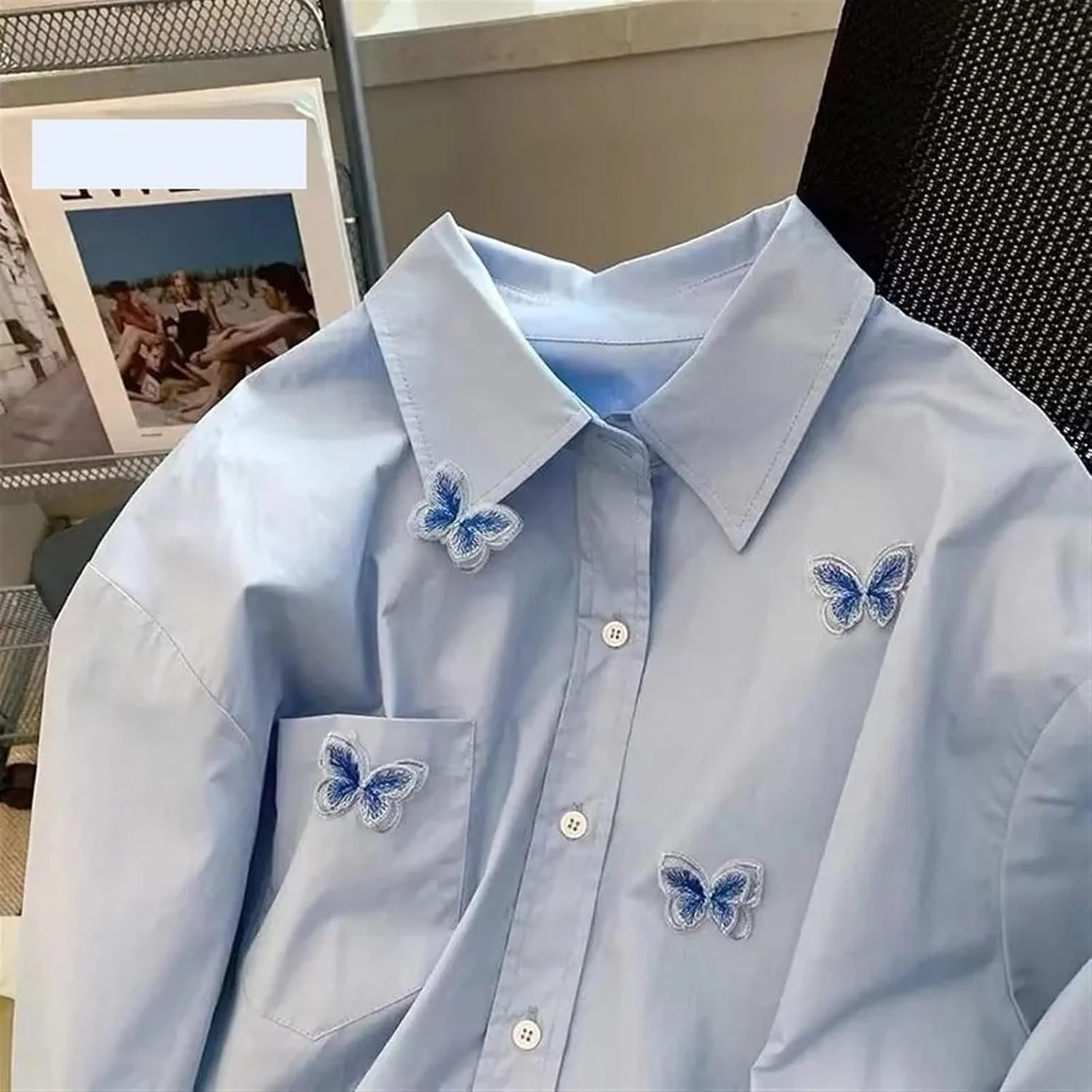 LKHGVFG بلوز و شومیز زنانه، پیراهن گلدوزی شده طرح پروانه آبی زنانه، پیراهن آستین بلند یقه دار زنانه
