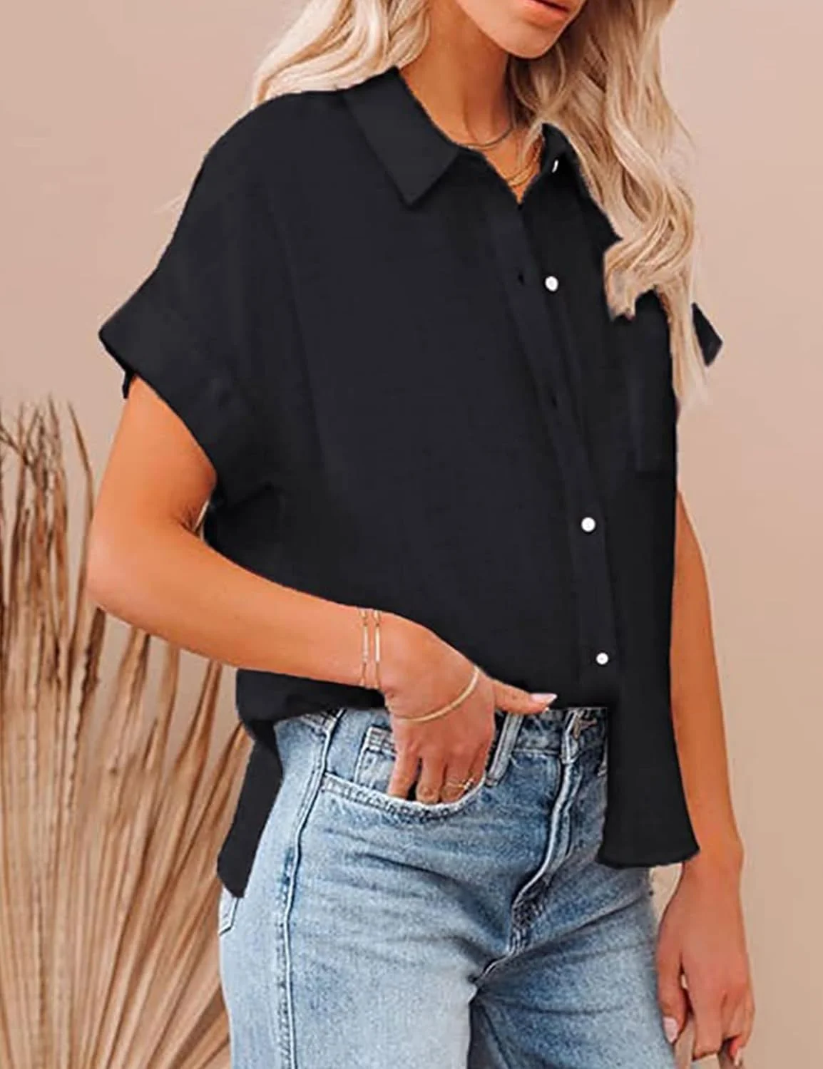 Lingjiazi پیراهن زنانه آستین کوتاه دکمه دار یقه هفت، بلوز ساده تابستانی