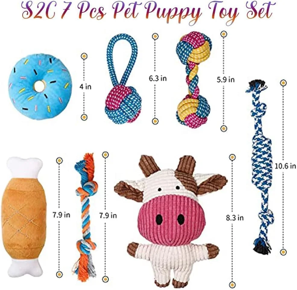 ست هدیه توله سگ S2C برای سگ های کوچک - بسته 7 عددی اسباب بازی های بامزه صدادار، جویدنی و دندانی، بادوام و غیر سمی، ایمن برای سگ ها و گربه ها (7 تکه - طرح سگ)