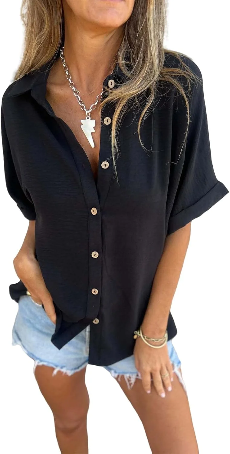 پیراهن دکمه دار زنانه لینن آستین کوتاه رنگ ثابت تاپ های ساحلی کلاسیک تابستانی سایز S~3XL