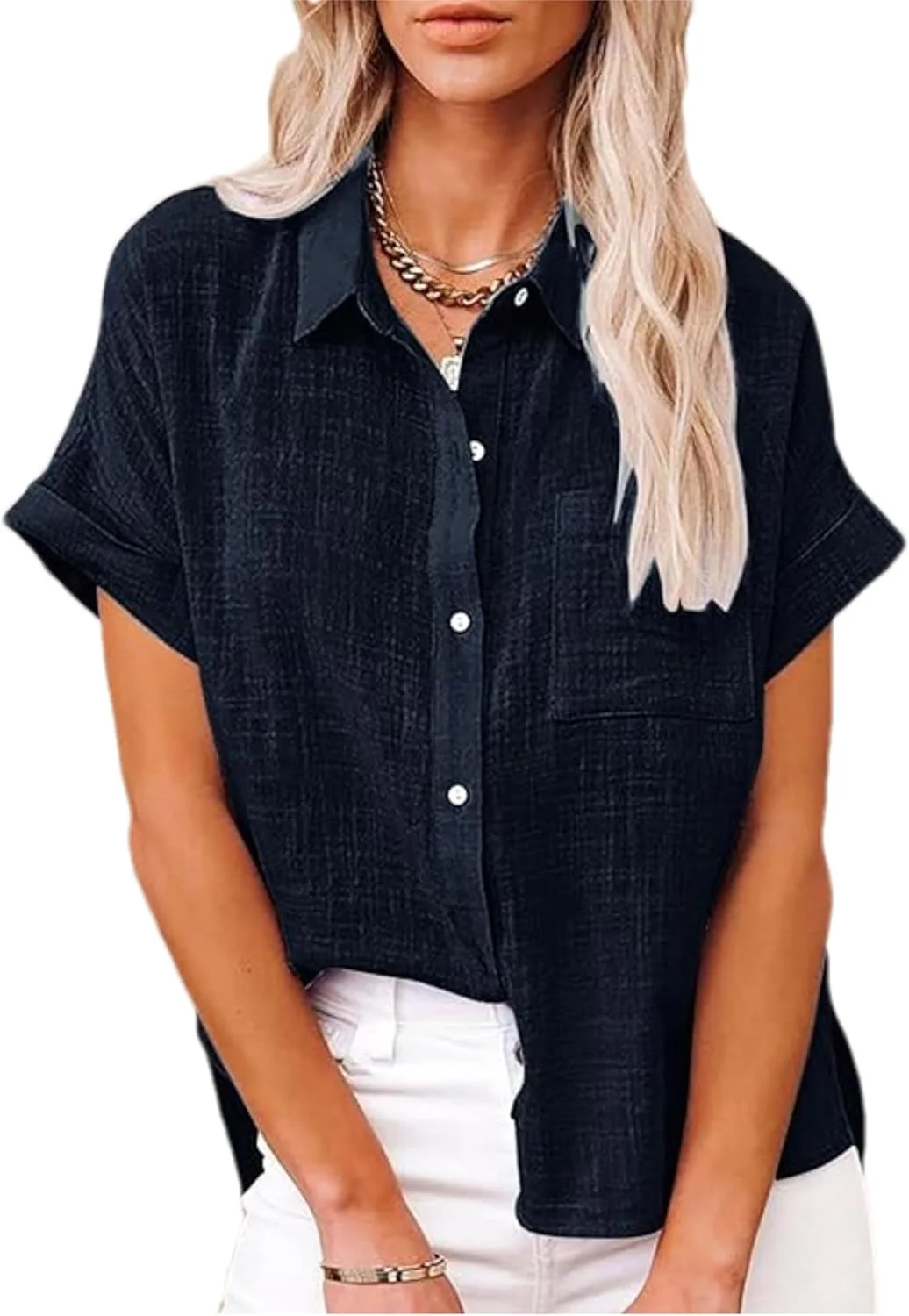 Lingjiazi پیراهن زنانه آستین کوتاه دکمه دار یقه هفت بلوز تاپ زنانه