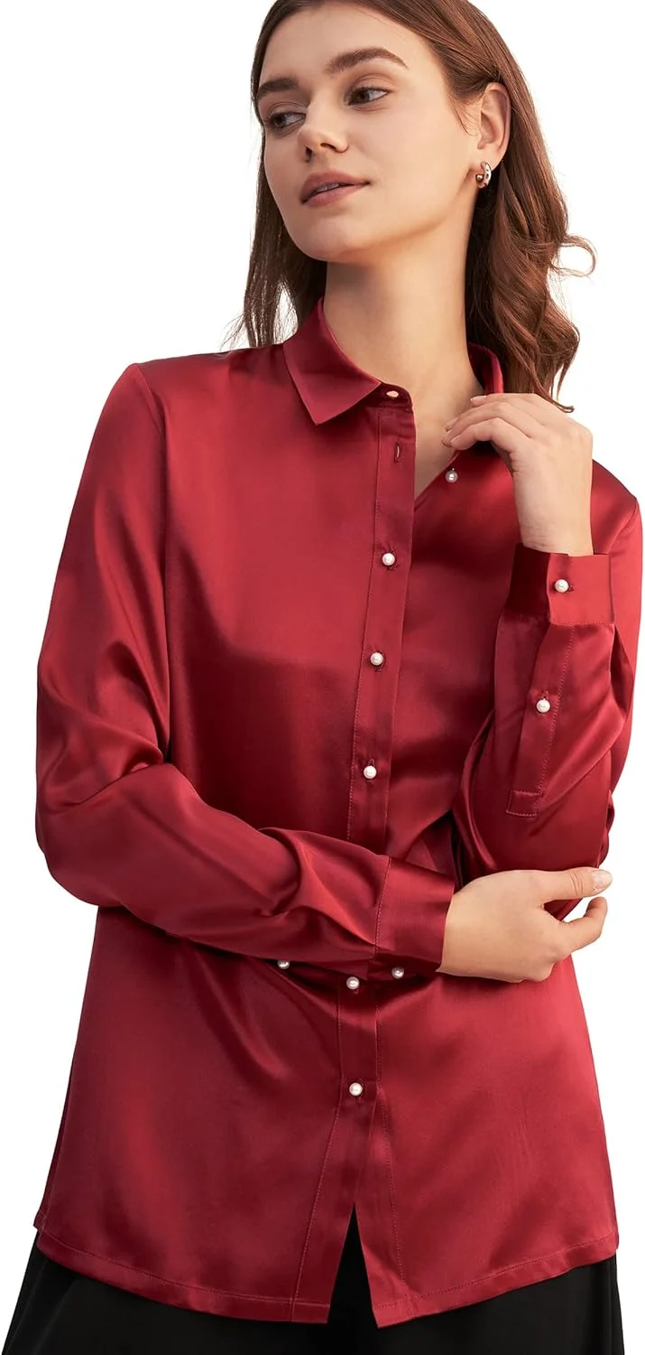 پیراهن های ابریشمی زنانه LilySilk، بلوزهای ابریشمی آستین بلند دکمه دار مرواریدی، مناسب دفتر کار رسمی و استایل وینتیج، قرمز، سایز S