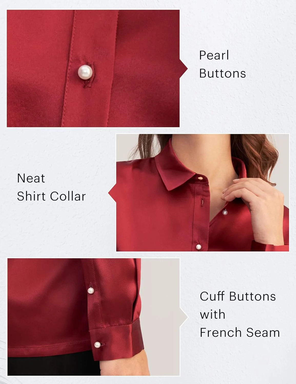 پیراهن های ابریشمی زنانه LilySilk، بلوزهای ابریشمی آستین بلند دکمه دار مرواریدی، مناسب دفتر کار رسمی و استایل وینتیج، قرمز، سایز S