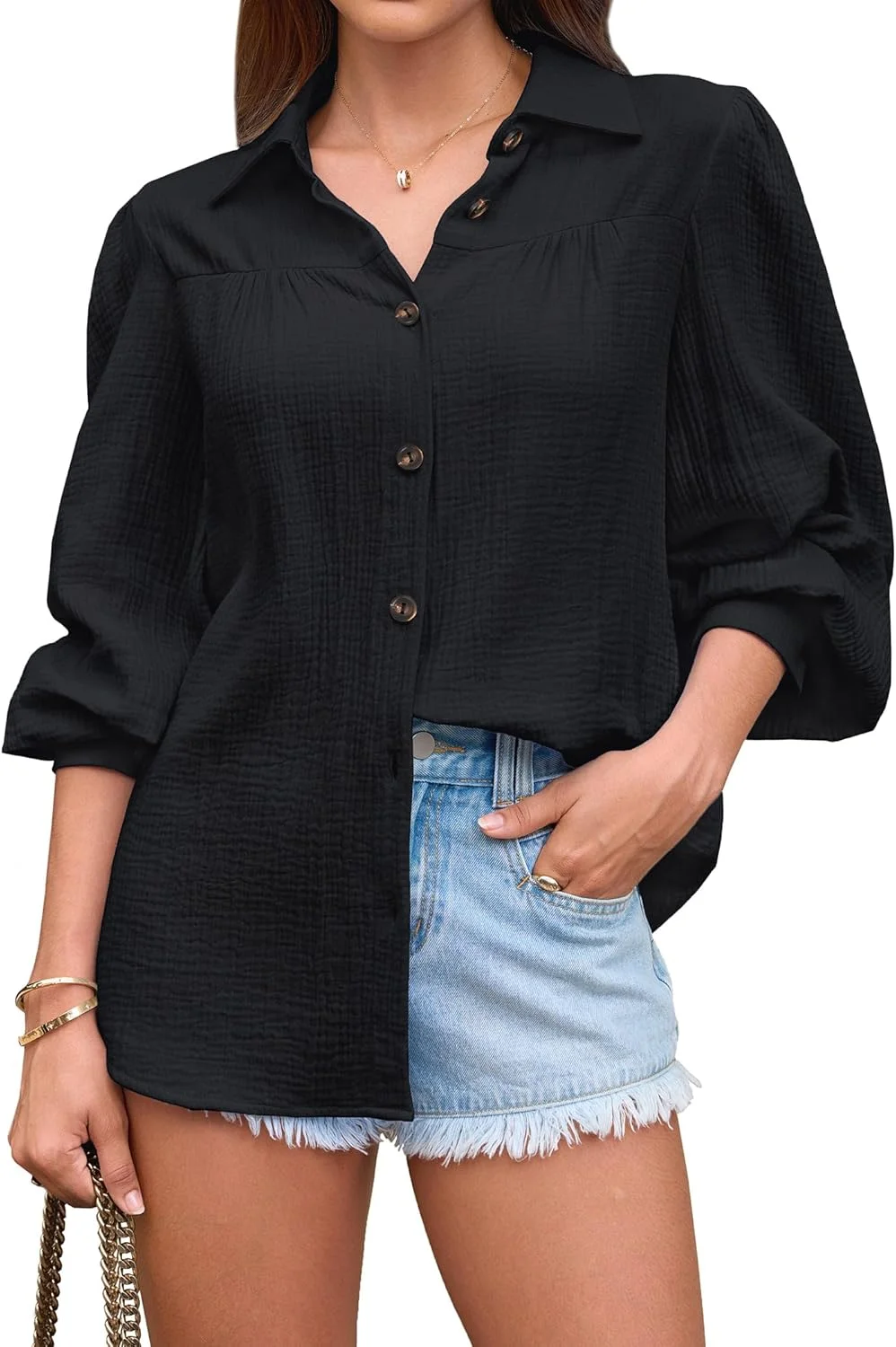 پیراهن دکمه دار زنانه LILYCHIC با آستین پفی، جنس نخ پنبه ای، مناسب استایل کژوال و رسمی، رنگ ثابت