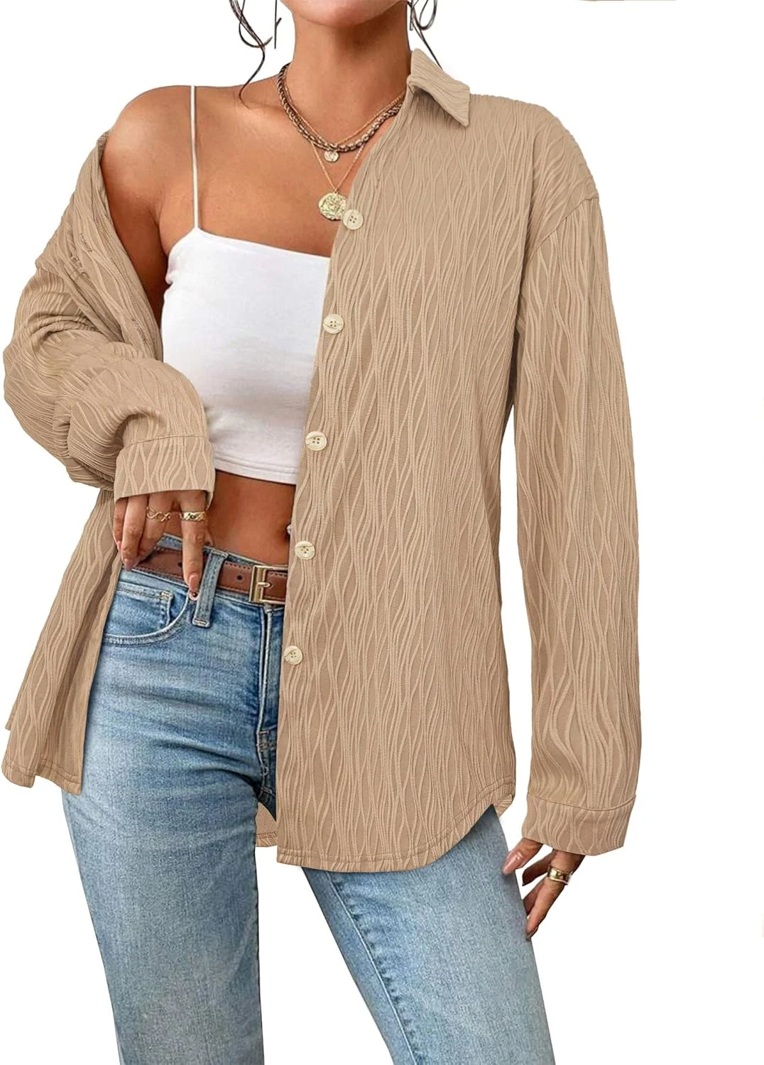 پیراهن زنانه دکمه دار بافت دار LILYCHIC آستین بلند سایز بزرگ ساده ترندی یقه دار با جیب، مدل 2024