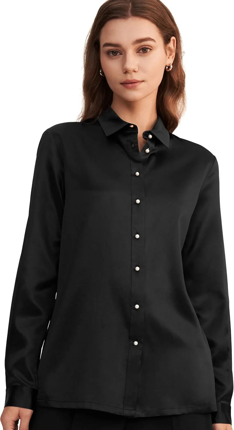 پیراهن های ابریشمی زنانه LilySilk، بلوزهای ابریشمی دکمه دار آستین بلند رسمی اداری پایه، سرمه ای، S